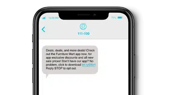 A smartphone displaying an SMS marketing message, representing the high open rates of bulk text messaging